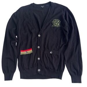 LRG Storica Cardigan Sweater Mens Large Black Cotton Button Front Embroidered